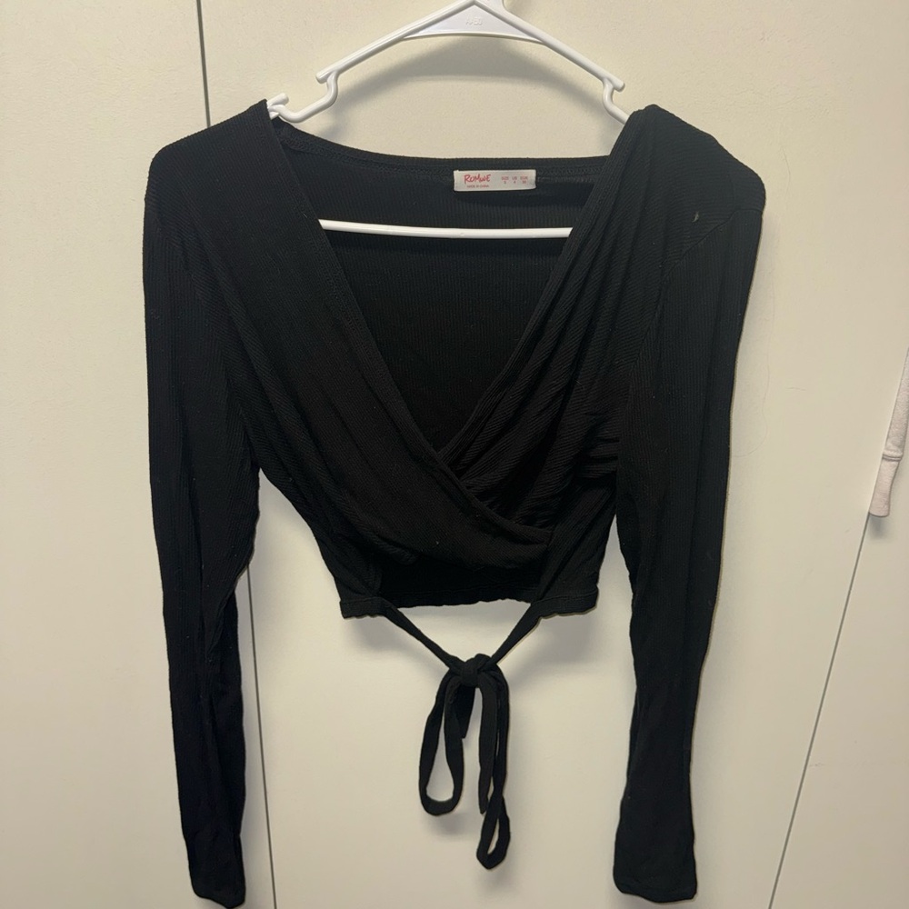ROMWE Black Wrap Long Sleeve Blouse
